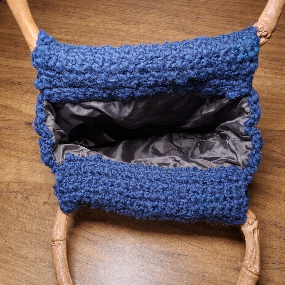 Handmade Navy Blue Crochet Bamboo Handle Purse Boho Vintage Style Handbag - Picture 6 of 6